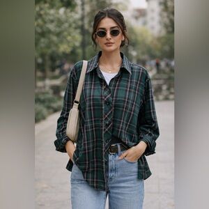 Foxcroft Dark Green and Red Plaid Button Down Shirt